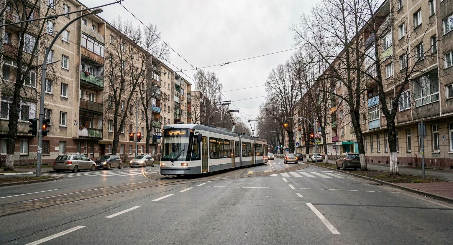 Szeroka ulica Poznania z tramwajem na skrzyżowaniu