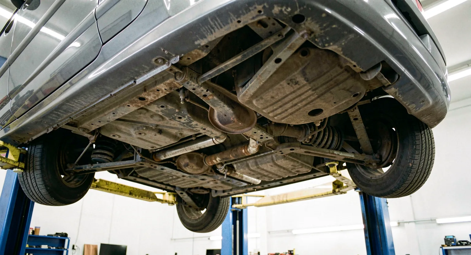 Auto na podnośniku widziane od spodu