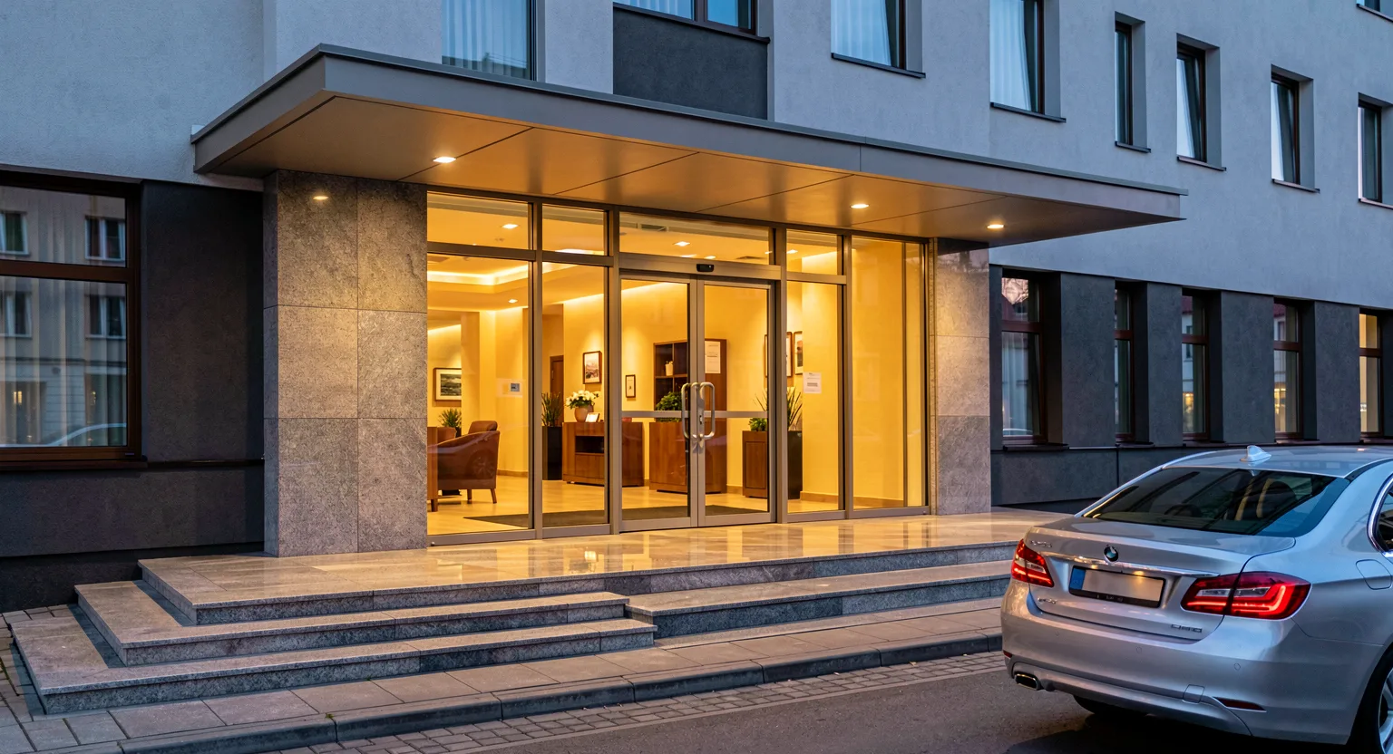 Wejście do eleganckiego hotelu z autem czekającym przy krawężniku
