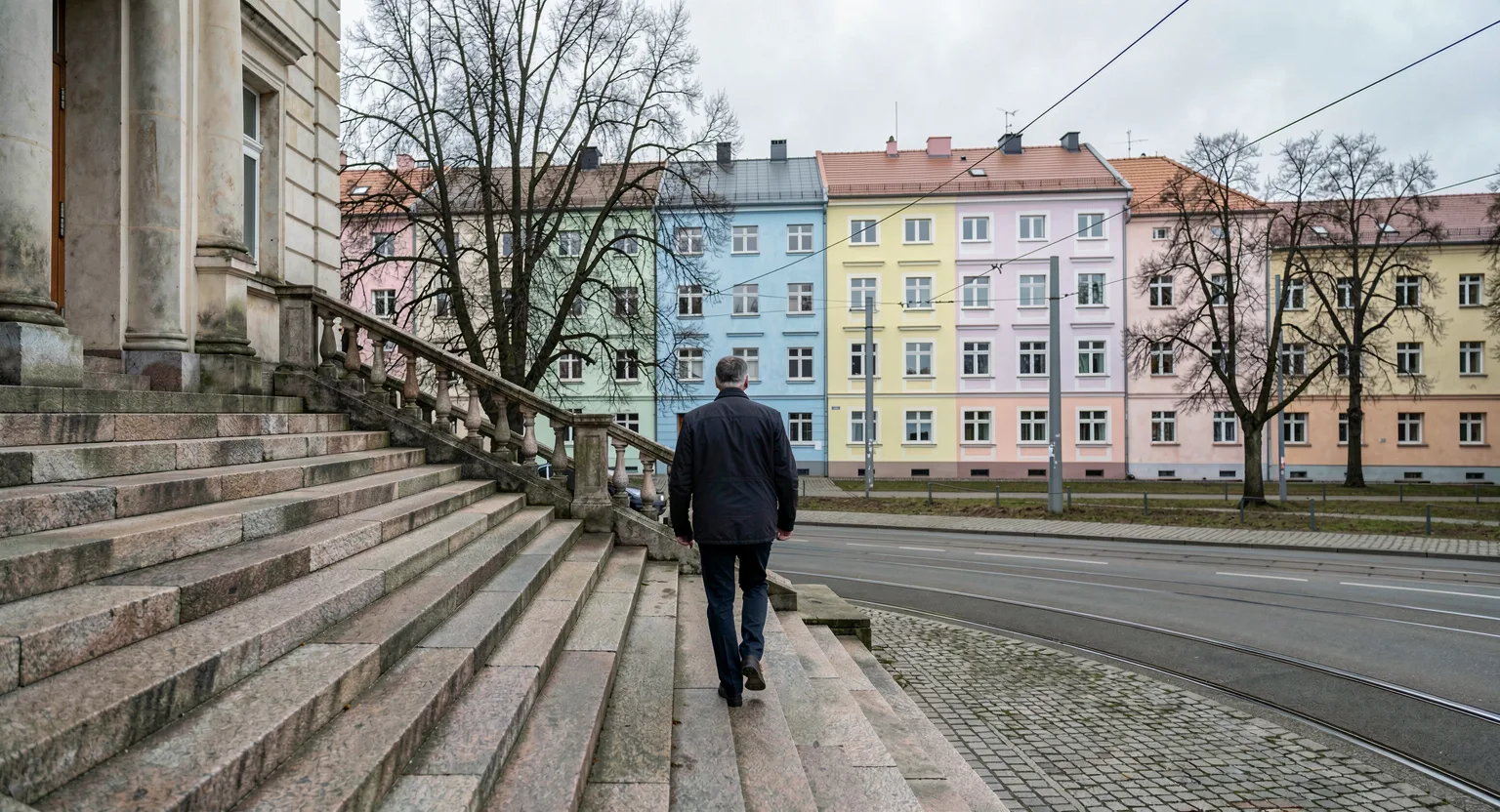 Mężczyzna schodzący po schodach budynku publicznego