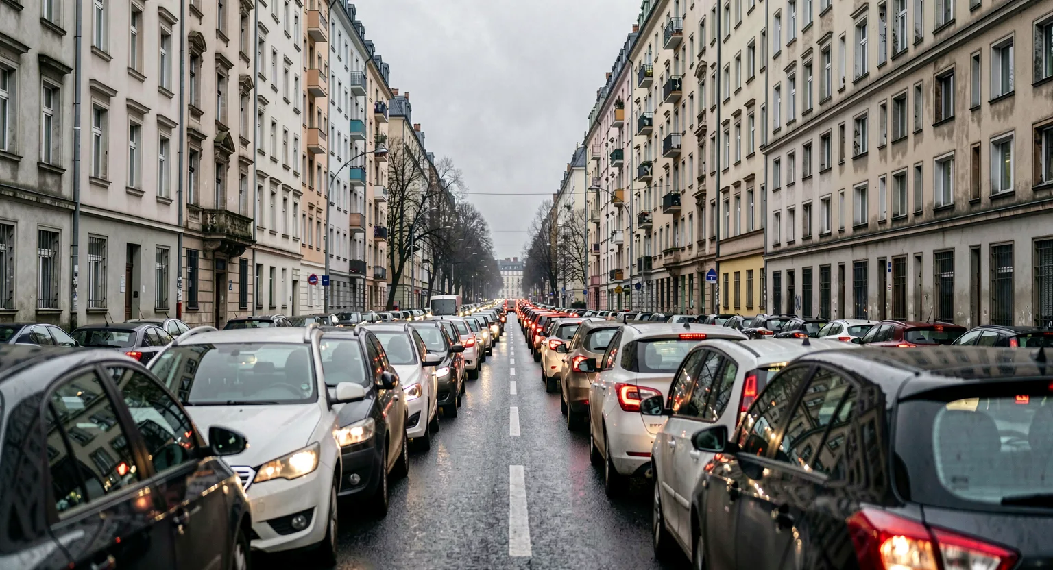 Gęsty ruch miejski widziany z niskiego ujęcia