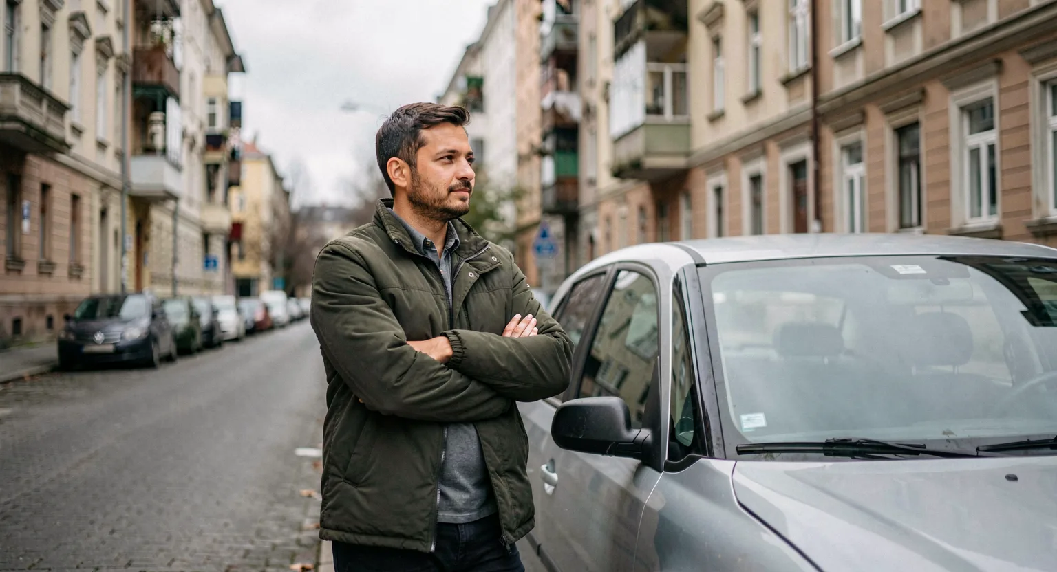Mężczyzna stojący obok zaparkowanego auta na ulicy