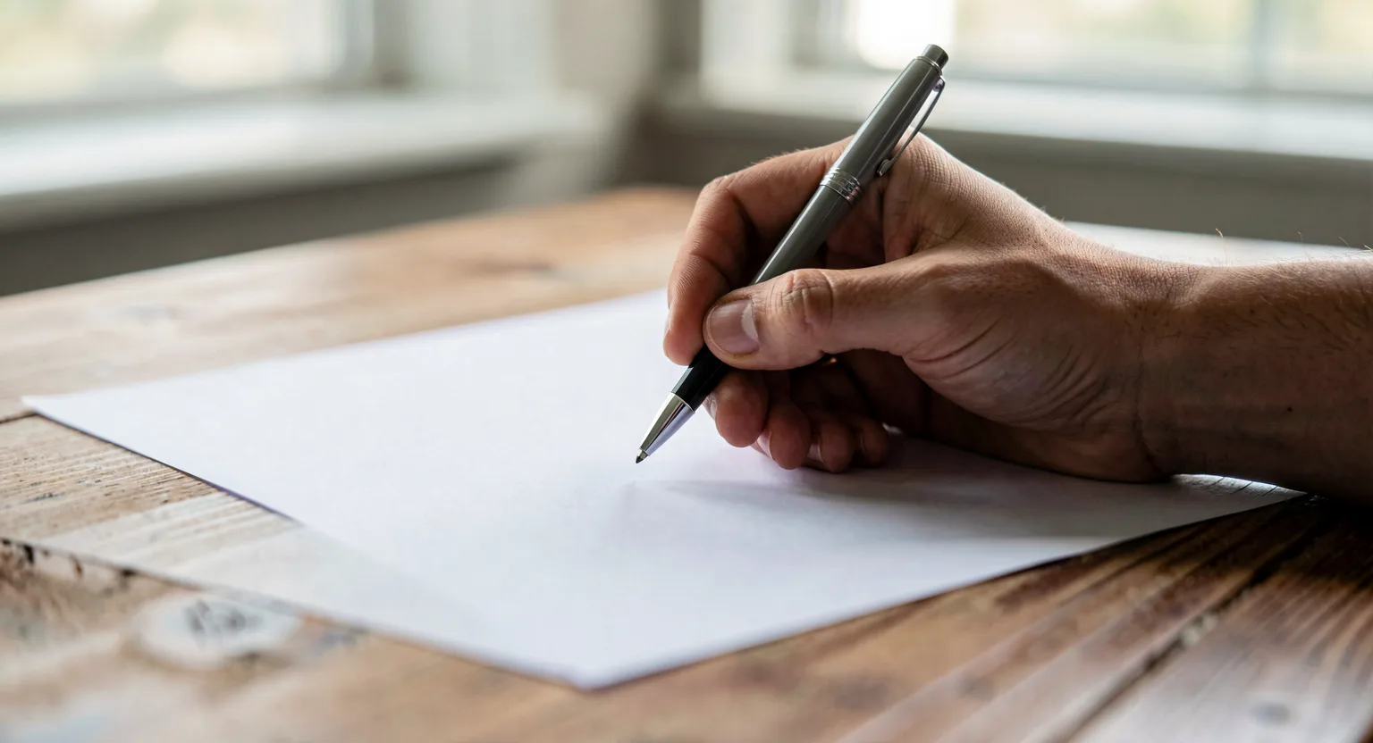 Dłoń z długopisem nad pustą kartką papieru