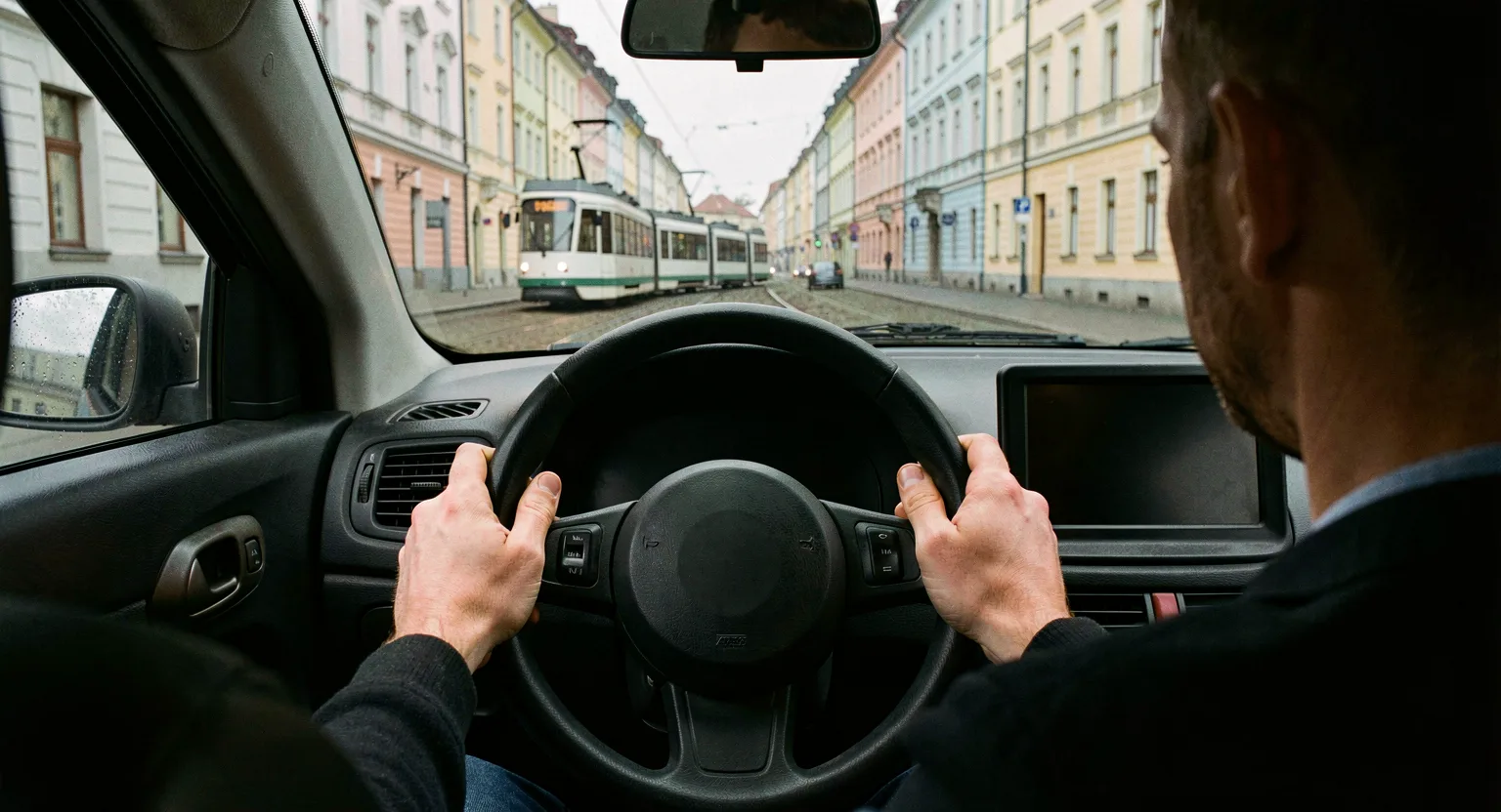 Widok zza kierowcy jadącego ulicą polskiego miasta z tramwajem