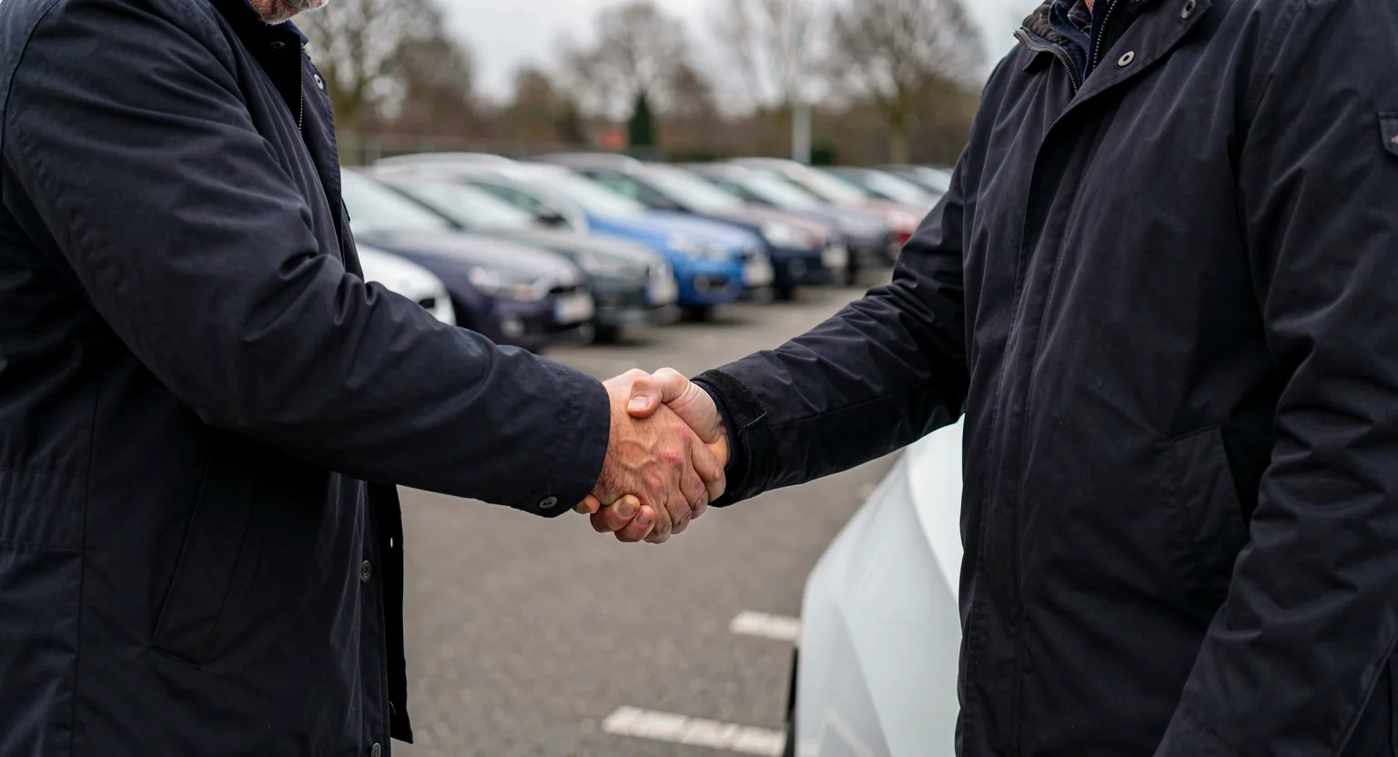 Kierowca i przedstawiciel floty podają sobie rękę przy aucie na parkingu