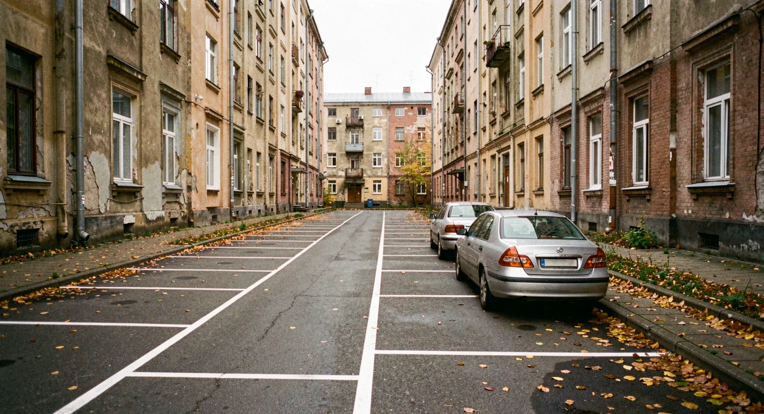 Miejsca parkingowe przy kamienicach na miejskiej ulicy