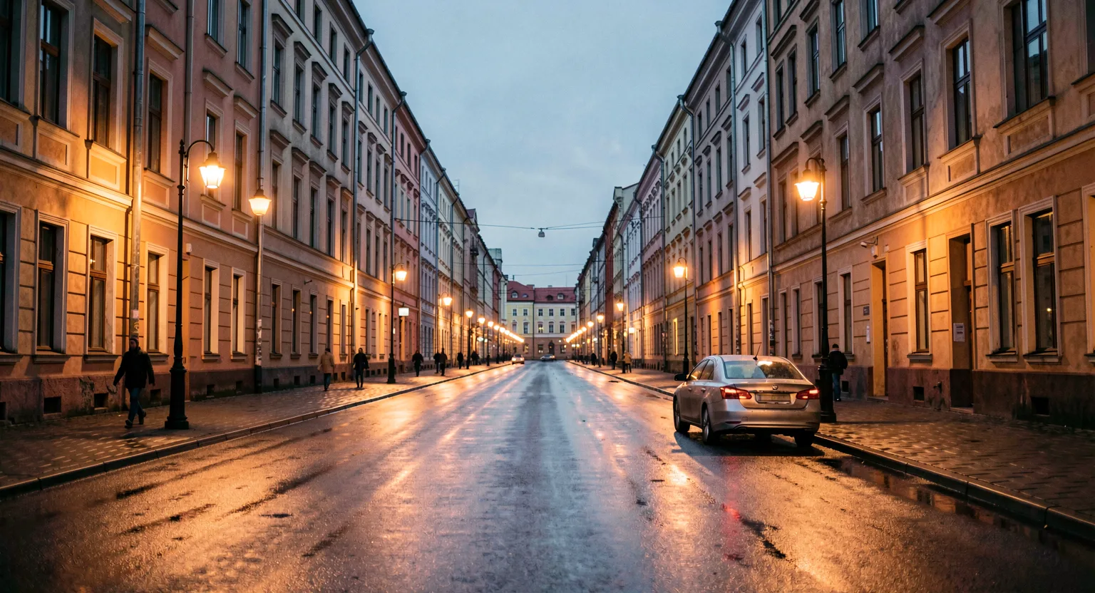 Ulica Łodzi o zmierzchu z autem czekającym przy krawężniku