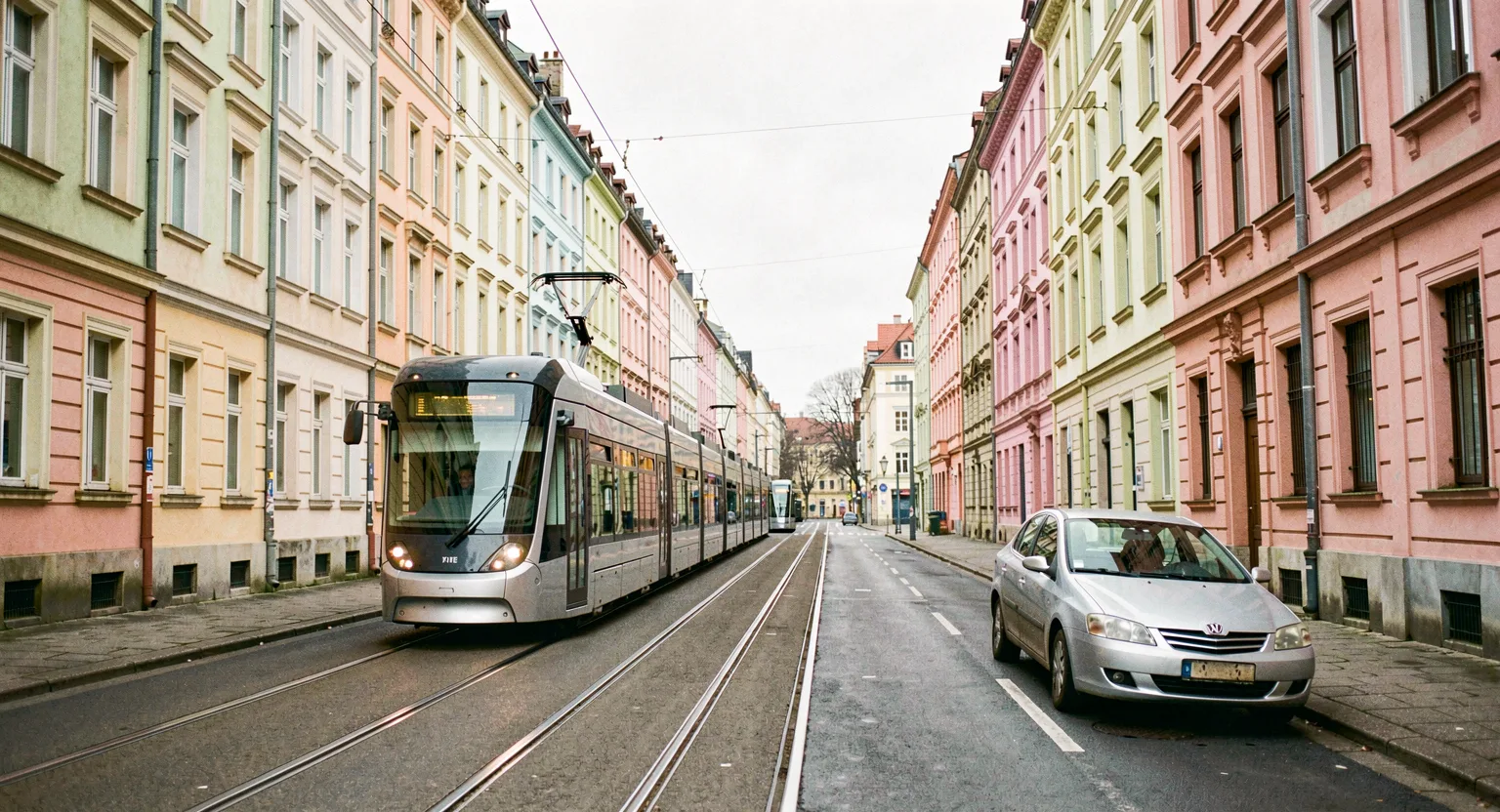 Ulica polskiego miasta z tramwajem i zaparkowanym autem