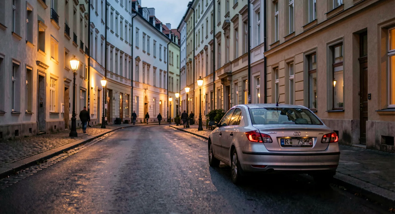 Spokojna ulica miasta o zmierzchu z autem przy krawężniku