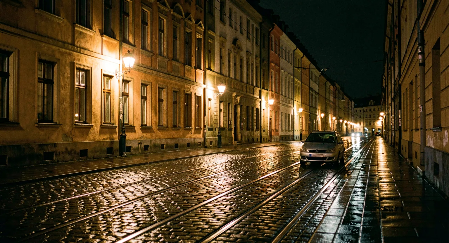 Ulica Wrocławia nocą z autem czekającym przy krawężniku